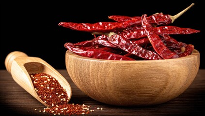 Dried red chilies in wooden bowl