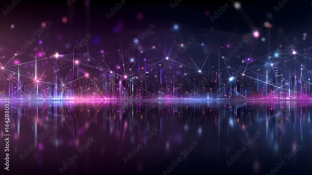 Poster cyberpunk neon city skyline with glowing network nodes and iot data streams