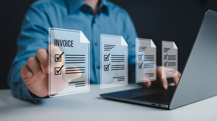 Business professional managing invoices digitally on a futuristic interface