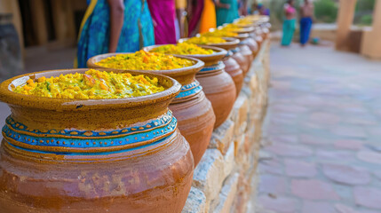 Fototapeta premium Traditional Indian Cuisine Displayed in Colorful Earthen Pots with Vibrant Attire and Cultural Ambiance in a Rustic Setting