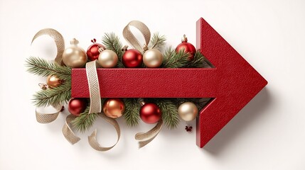 Red right arrow with Christmas ornaments and ribbon decoration