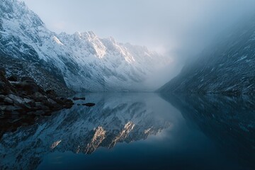 Misty mountain lake mirroring peaks at dawn