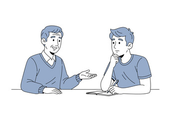 Man explains to a thoughtful person jotting down notes. Suitable for educational, business, mentoring, academic, and learning concepts.