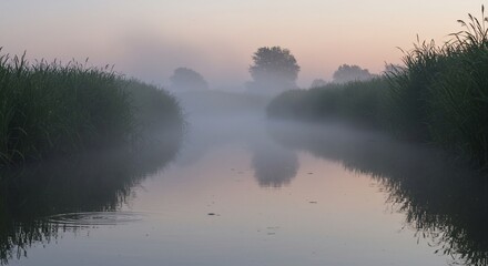 Fototapeta premium Serene Dawn: Misty River Reflections