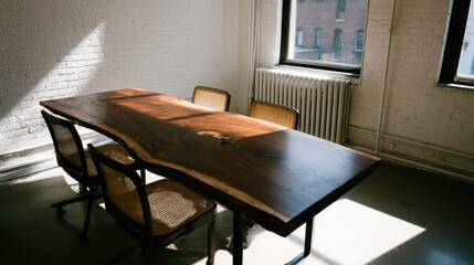 A large,  dark-brown wooden conference table with cane-seated chairs.