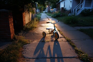 A childâ€™s tricycle left upright on an empty suburban sidewalk at twilight
