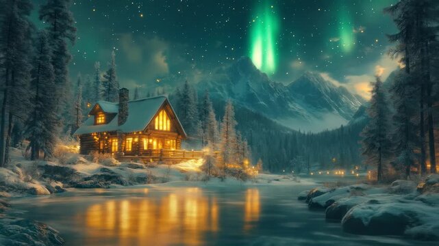 A warm, inviting log cabin nestled on a snow-covered riverbank, illuminated from within, with a majestic mountain range and aurora borealis in the background under a starlit night sky