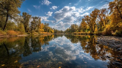 Serene Autumn River Reflection: Golden Trees and Blue Sky