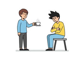 Obraz premium One man offering a drink to another, who looks displeased, showcasing social interactions, misunderstandings, communication breakdowns, and conflicts. Perfect for conflict resolution concepts.