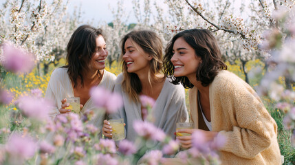 Three happy women friends celebrate spring party outdoors among blooming cherry blossoms. Joyful gathering shows friendship bonding with drinks in beautiful flowering garden setting.