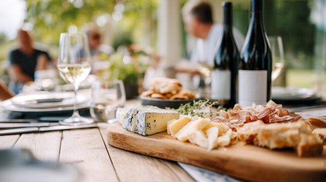 Outdoor wine and cheese tasting with artisan selection on wooden board. Elegant dining experience featuring gourmet bottles and fresh appetizers at restaurant terrace with people enjoying lunch.