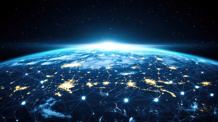 Earth at night, illuminated with city lights, connected by glowing network lines