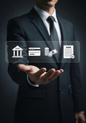 Businessman Showing Banking, ATM, Money, and Finance Icons for Digital Financial Services