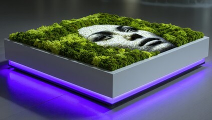Moss art piece; face in green moss; modern display