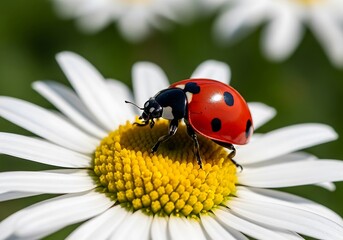 Fototapeta premium Red ladybug with black spots on a white daisy flower