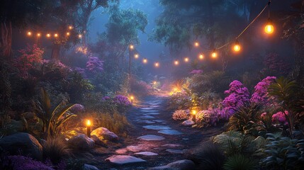 Enchanted forest path at night, lit by string lights and candles