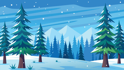 Snow Covered Pine Forest Winter Scene.