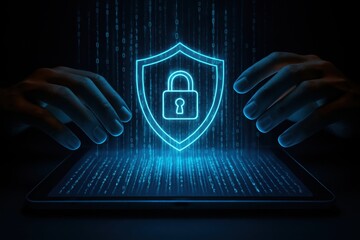 Cybersecurity concept with glowing shield and padlock symbol over a digital data stream and hands typing on a tablet