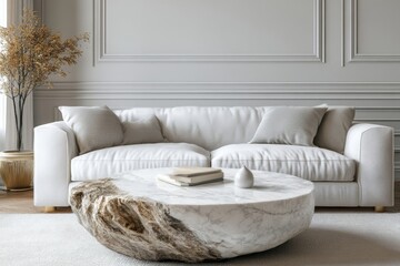 Marble stone coffee table positioned near a white sofa, creating a luxurious living room design. 3D rendering, Generative AI