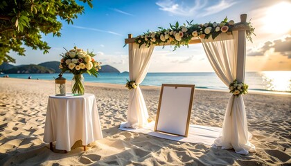 Beach wedding setup; floral arch, white drapes, sign