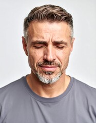 Obraz premium Close-up portrait of a middle-aged man with graying hair, eyes closed, and tears streaming down his face, against a plain light gray background