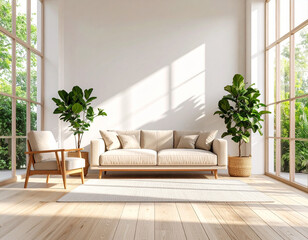 Sunlit living room with beige sofa, wooden furniture, and large potted fiddle leaf figs near expansive windows.