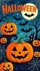Spooky Halloween poster design with pumpkins, haunted house, bats, and eerie night sky. Perfect printable for party invitations, seasonal décor, flyers, and holiday promotions. High-quality and eye-ca