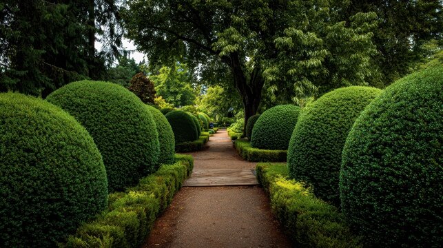 Serene Garden Path with Ornate Boxwood Balls and Lush Greenery - Powered by Adobe