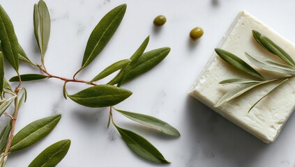 Obraz premium White soap bar with olive branch