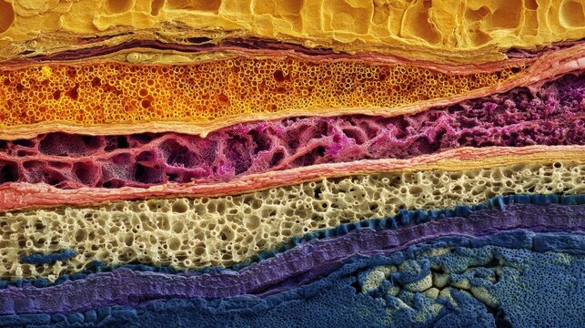 Stylized microscopic view of healing wound layers arranged horizontally goldenyellow clot matrix crimson inflammation zone rosy new tissue granulation and deep blue remodeling phase