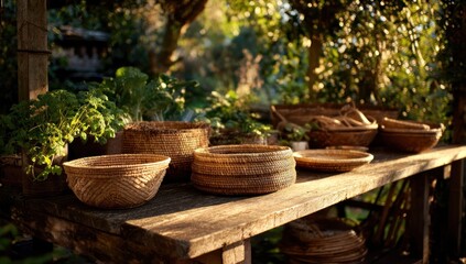 Rustic wooden table with woven baskets and plants