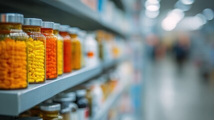A shelf filled with jars of colorful capsules and tablets, creating a vibrant display in a pharmacy or health store.