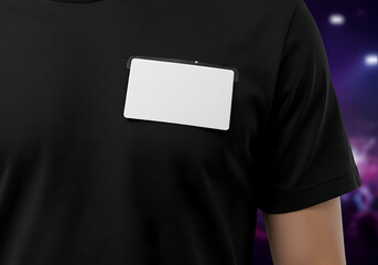Male attendee wearing a black t-shirt displaying an empty name tag. Standing posture with a blurred background suggesting a concert venue.