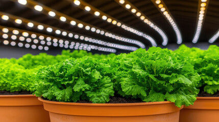 Fresh Green Lettuce Grown in Indoor Hydroponic Farm Under LED Lights, Healthy Organic Vegetable Growing in Urban Agriculture Setting