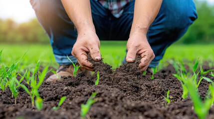 Hands of a farmer examining soil quality in a green field, showcasing the importance of agriculture and soil health for crop productivity and sustainability