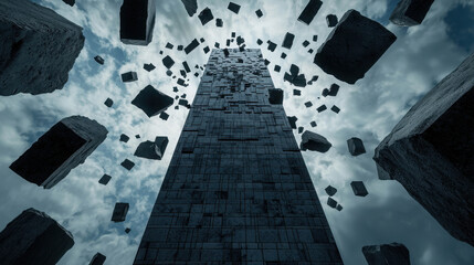 Abstract representation of a towering structure amidst floating cubes under a dramatic sky, evoking themes of power, strength, and isolation in a surreal environment