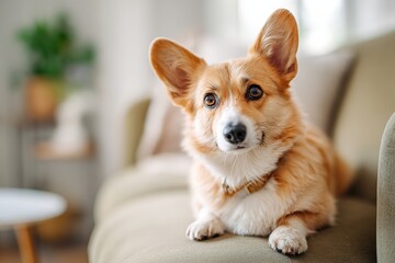 Corgi relaxing comfortably on a cozy couch in a bright living room during a sunny afternoon