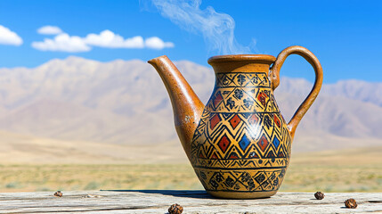 Decorative clay kettle with intricate pattern against scenic mountain landscape and blue sky with soft clouds, emitting steam for warm beverage delight