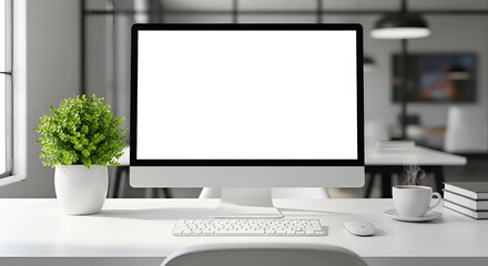 Fototapeta premium Minimal office desk with computer mockup, keyboard, mouse, coffee cup and plant.