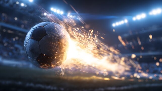 A soccer ball in motion with sparks and lights in a stadium.