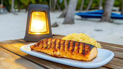 Grilled Salmon on Plate with Yellow Rice and Lantern in Tropical Outdoor Setting during Sunset, Relaxing Beach Vibes and Culinary Experience