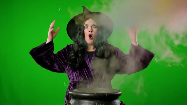 Surprised Witch with Colorful Smoke - A witch in a purple robe and black hat stirs a cauldron, surprised as multicolored smoke erupts. The vibrant smoke contrasts against the green screen background.