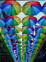 Colorful Hanging Umbrellas Creating a Vibrant Artistic Canopy in Urban Setting