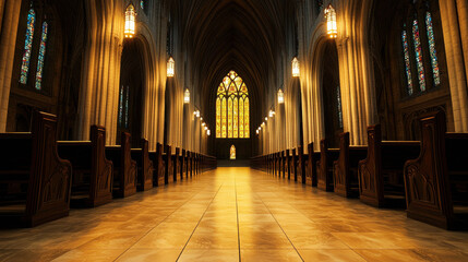Majestic Interior of a Gothic Cathedral with Stained Glass Windows and Candlelit Atmosphere for Spiritual and Architectural Inspiration