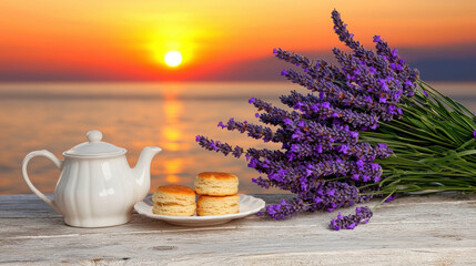 Serene Sunset with Teapot, Lavender, and Biscuits by Tranquil Seaside in Beautiful Golden Hour Light Over Calm Water