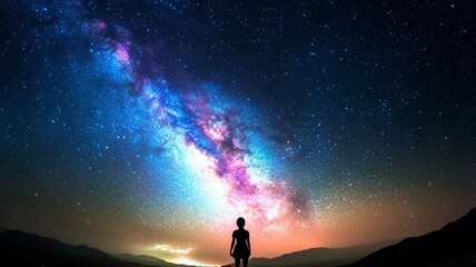 Obraz premium A person stands in front of a beautiful, colorful sky with a long