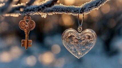 A key and a heart are hanging from a tree branch