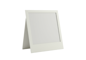 An off-white instant photo frame with paper texture and worn edges, blank interior, isolated on a transparent seamless studio background, professional minimalist visual concept