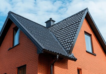 Exterior view of a house with a dark gray metal roof and orange brick facade.