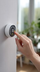A hand adjusts a modern thermostat displaying a temperature of 72 degrees Fahrenheit, set against a backdrop of greenery and natural light.